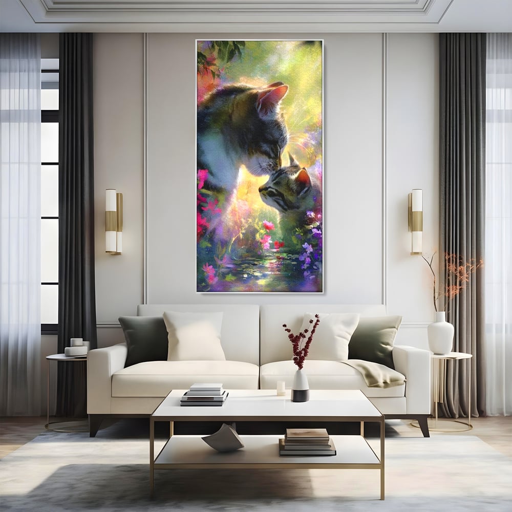 Tablou canvas cu tablou canvas cu pisici mangaite in gradina, in rama de aluminiu argintiu, pe perete intr-un living